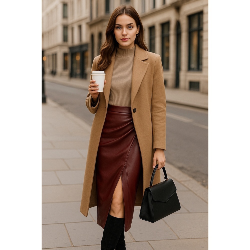 Commense‎ Pleated Split PU Leather Skirt midi Burgundy size M - Picture 5 of 5